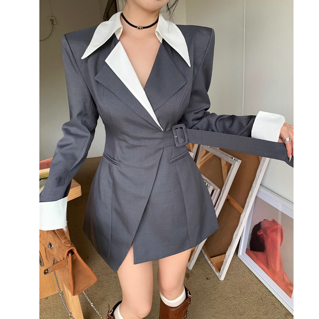 Long sleeve belted waist suit dress