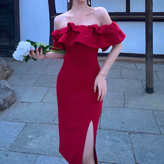 Nipped-waist ruffle off-the-shoulder slit prom dress