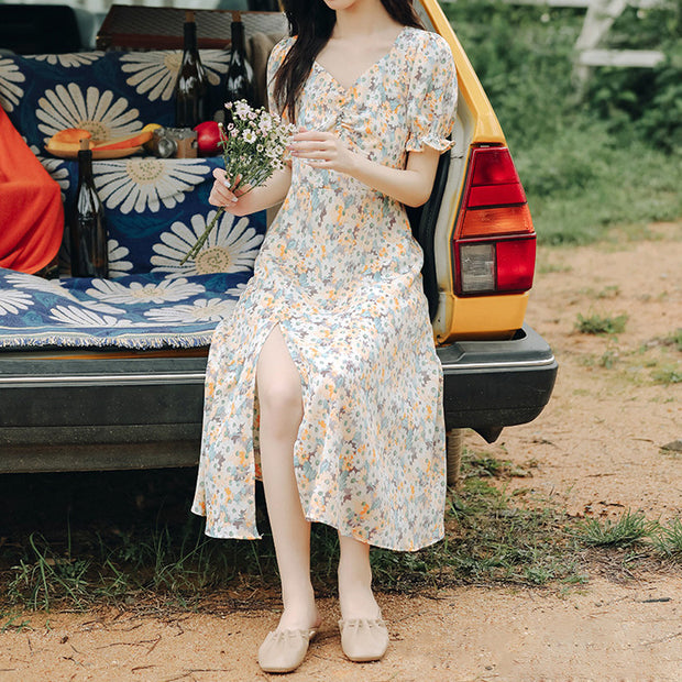 V-neck twisted puff sleeve slit waist floral dress