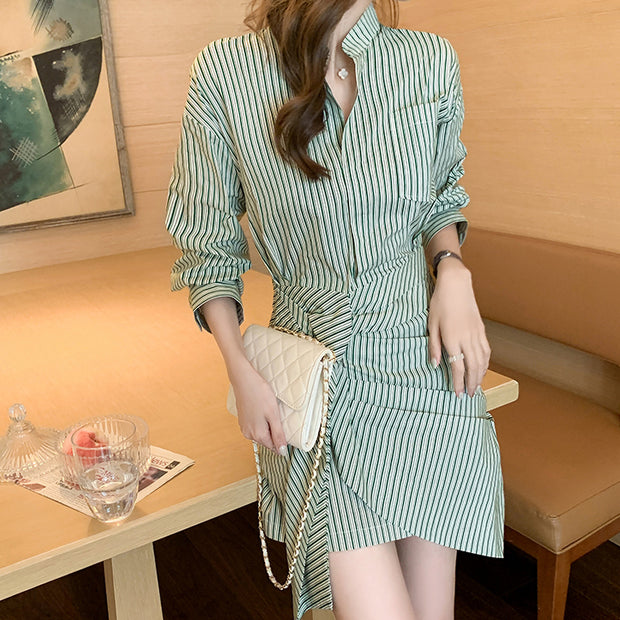 Irregular Striped Waisted Long Sleeve Shirt Dress