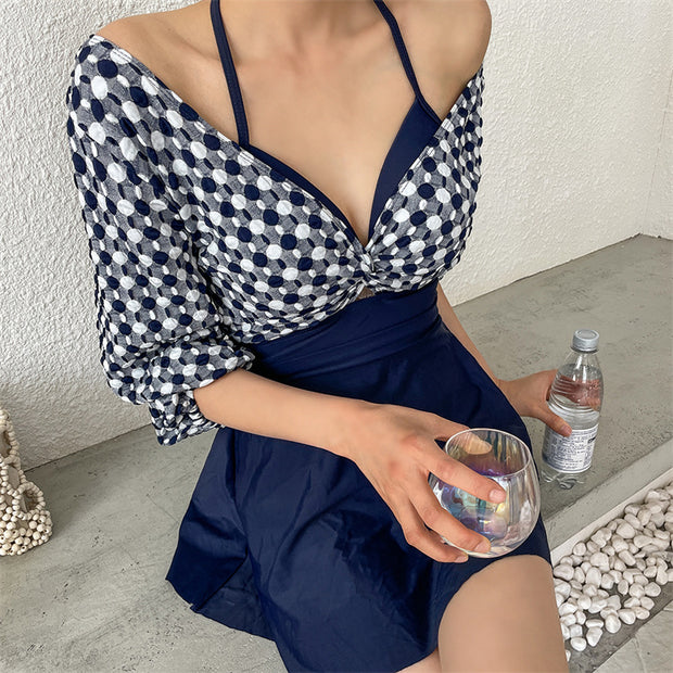V-neck twist long-sleeve one-piece swimsuit