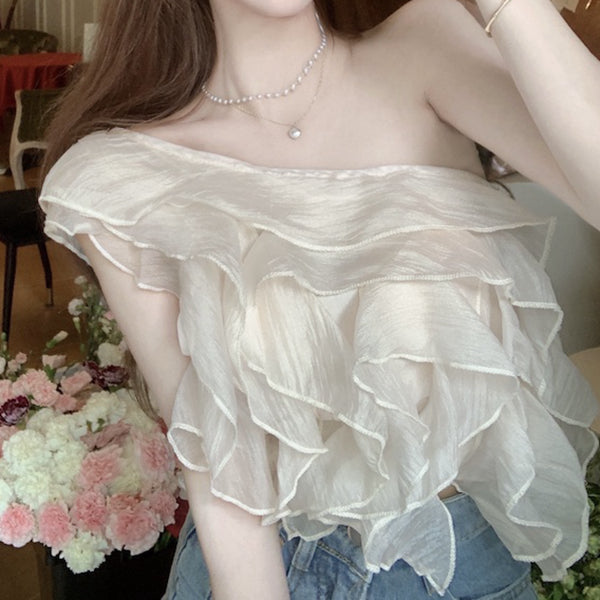 One-shoulder ruffled pearl chiffon shirt top