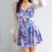 Floral cutout long-sleeve one-piece swimsuit