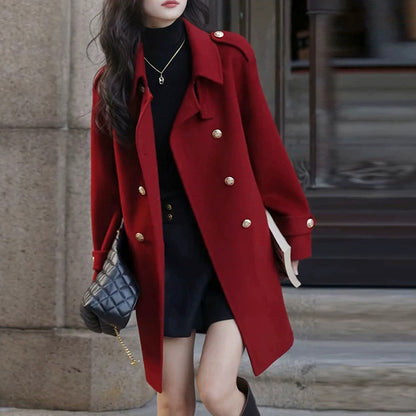 Retro Red Long Wool Coat With Gold Buttons