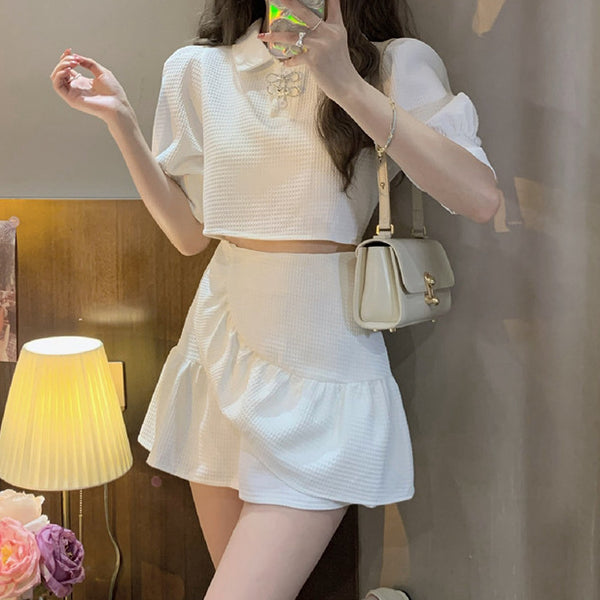 Set Short-Sleeved Top Fashionable Ruffled A-Line Skirt