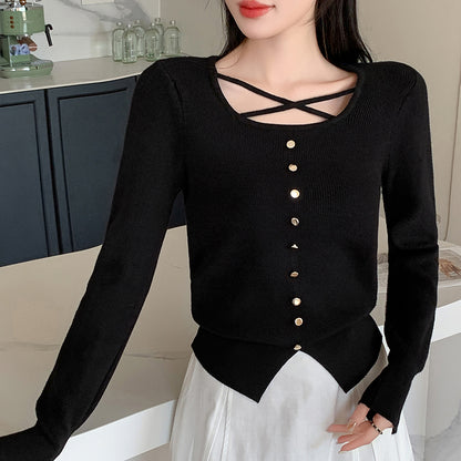 Single-Breasted Metal Button Pullover Long-Sleeved Knit Sweater