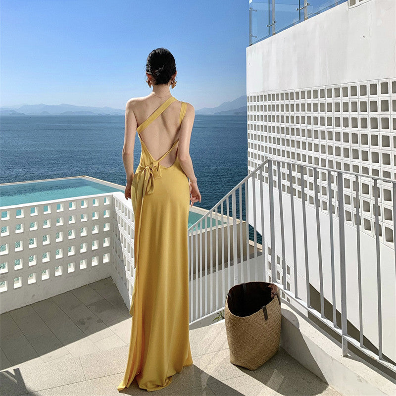 French-Style Backless Yellow Satin Evening Gown