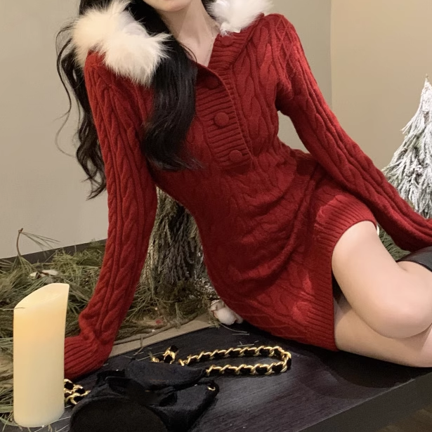 Furry Hooded Christmas Red Knitted Dress