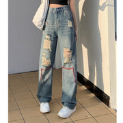 Straight-leg ripped loose high-rise jeans
