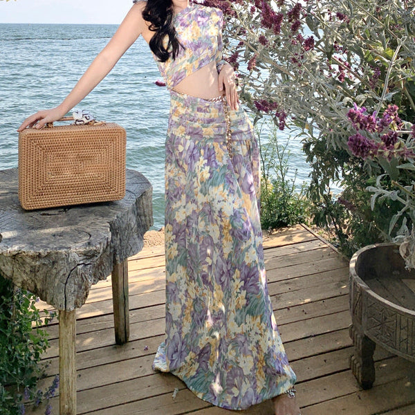 70% One-Shoulder Off-Waist Chain Holiday Floral Dress