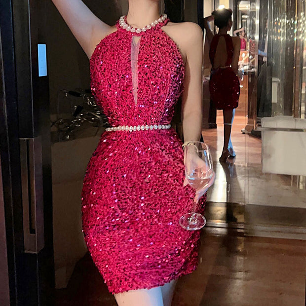 Backless beaded sequins slim sexy dress