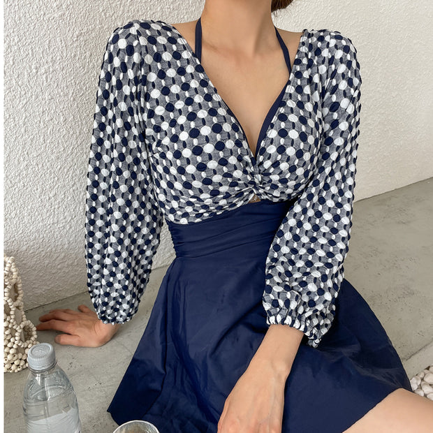 V-neck twist long-sleeve one-piece swimsuit