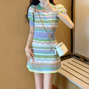 Lapel knitted short-sleeved top colorful skirt set