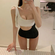 Color contrasting cropped one-piece swimsuit