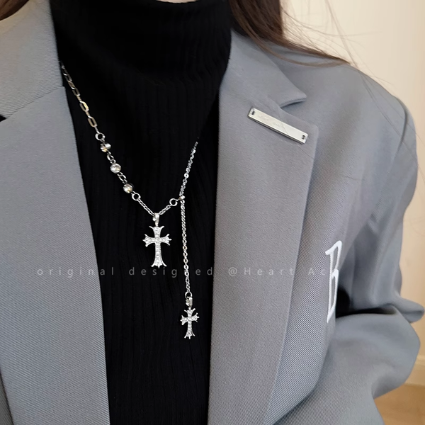 Double Cross Pendant Necklace Sweater Chain Accessories