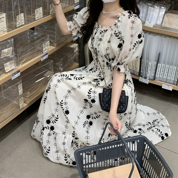 High waist bubble short sleeve long floral dress