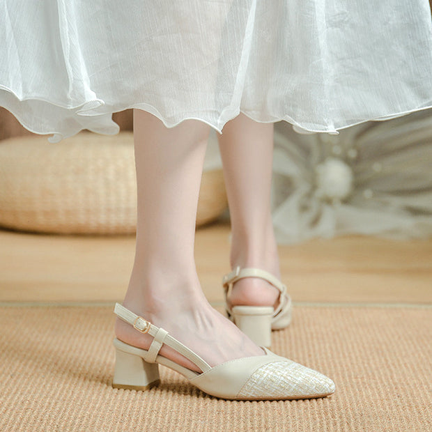 Pointed toe buckle strap block heel sandals