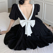 Backless Bow Square Neck Sweet Black Dress