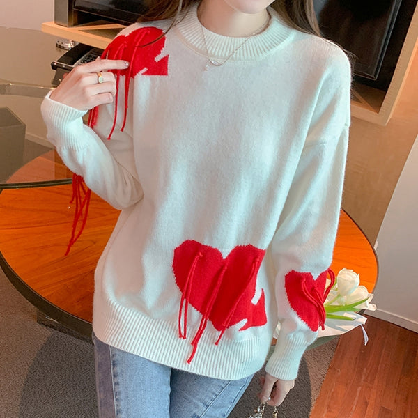 Heart Tassel Christmas Round Neck Knitted Sweater