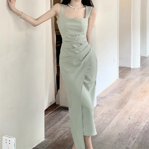 Square Neck Pleated Irregular Sleeveless Bodycon Dress