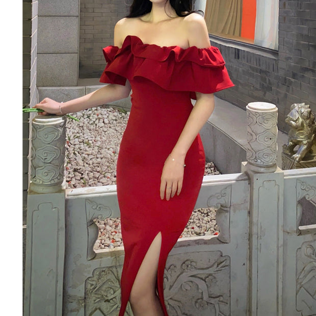 Nipped-waist ruffle off-the-shoulder slit prom dress