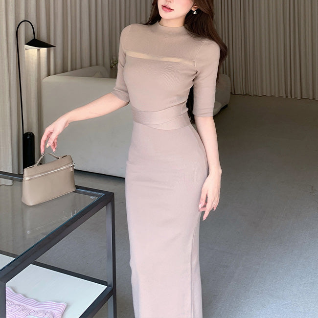 Mock-Neck Mid-Sleeve Knit Dress