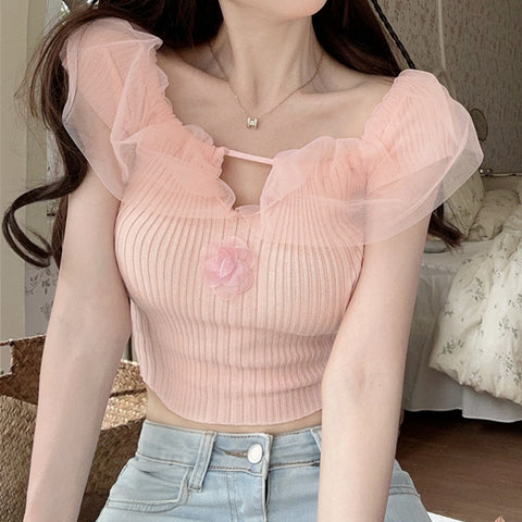 Mesh Spliced Puff Short-Sleeved Knitted Top
