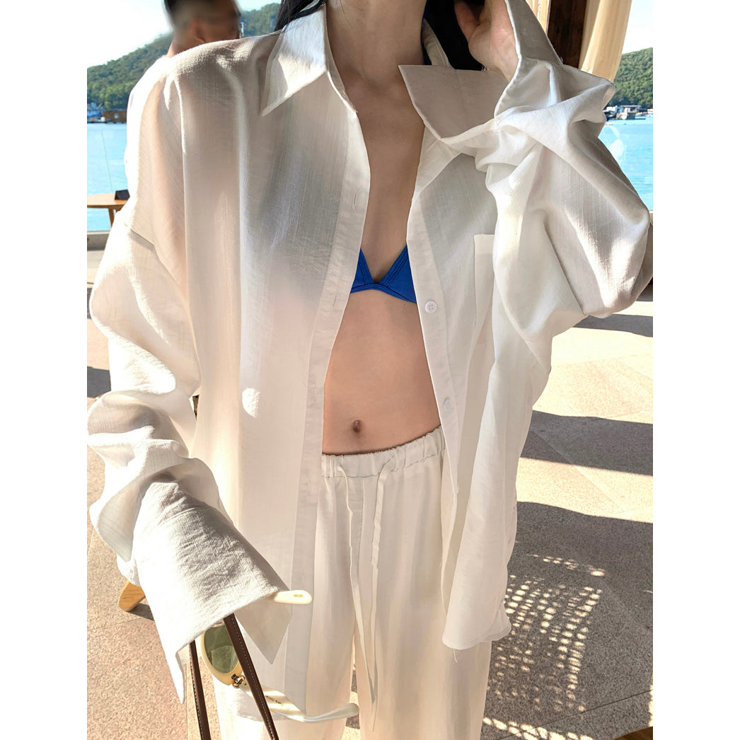 French Retro Loose Long-Sleeved Sun-Protective Shirt And White Trousers