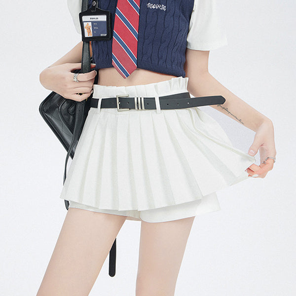 Solid color belt high waist slim pleated skirt