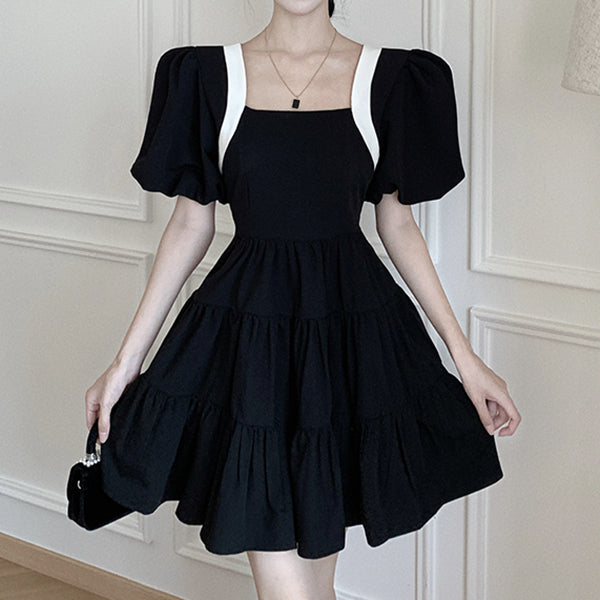 Backless bow square neck sweet black dress