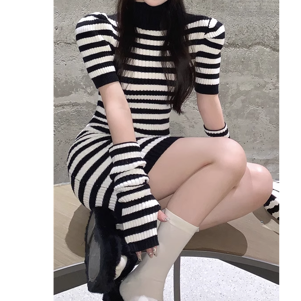 Mock Neck Striped Slim Sleeve Knit Dress