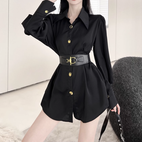 Puff-Sleeved Single-Breasted Belted Shirt Dress