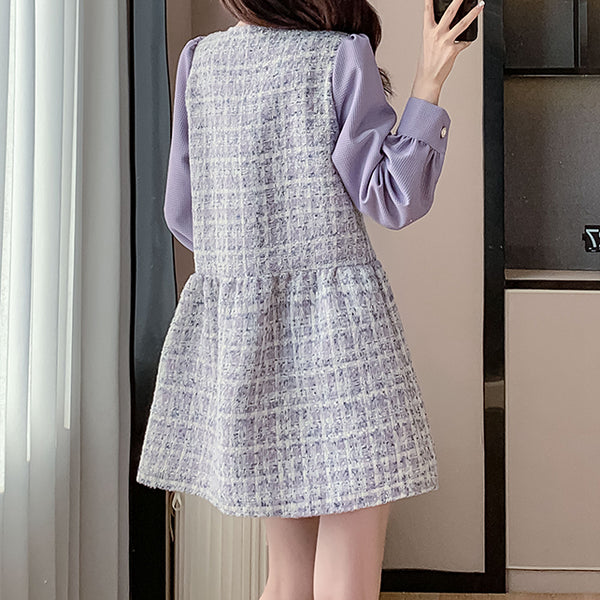 Elegant Purple Tweed Colorblock Dress