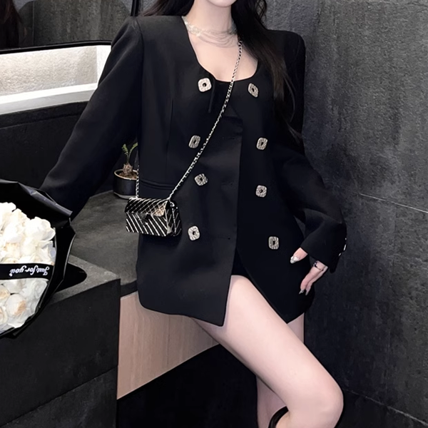 70% Black Double Breasted Casual Blazer Top