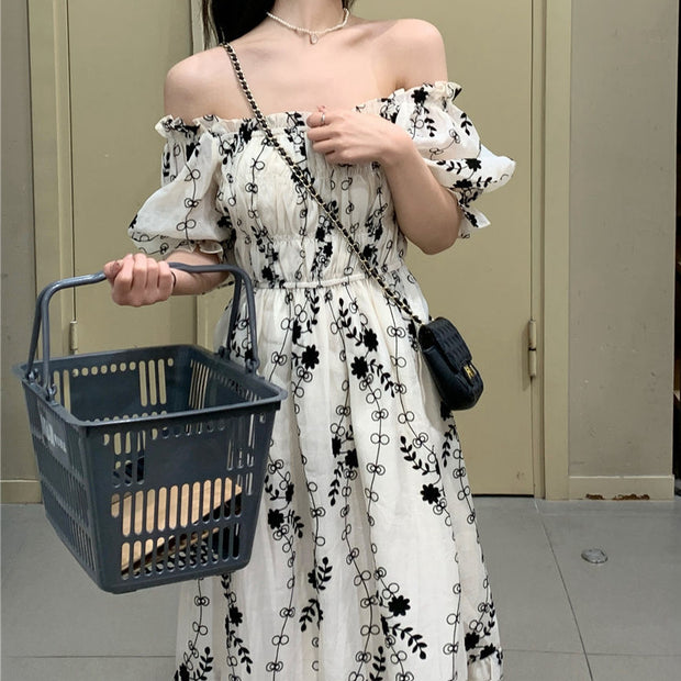 High waist bubble short sleeve long floral dress