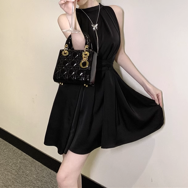 Off-Shoulder Waist-Tie A-Line Black Dress