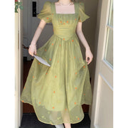 Square neck chiffon neck puff sleeve long dress