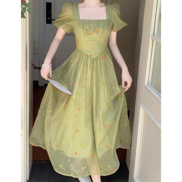 Square neck chiffon neck puff sleeve long dress