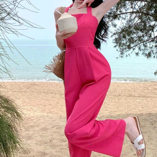 Open back tie pocket rose red wide-leg jumpsuit