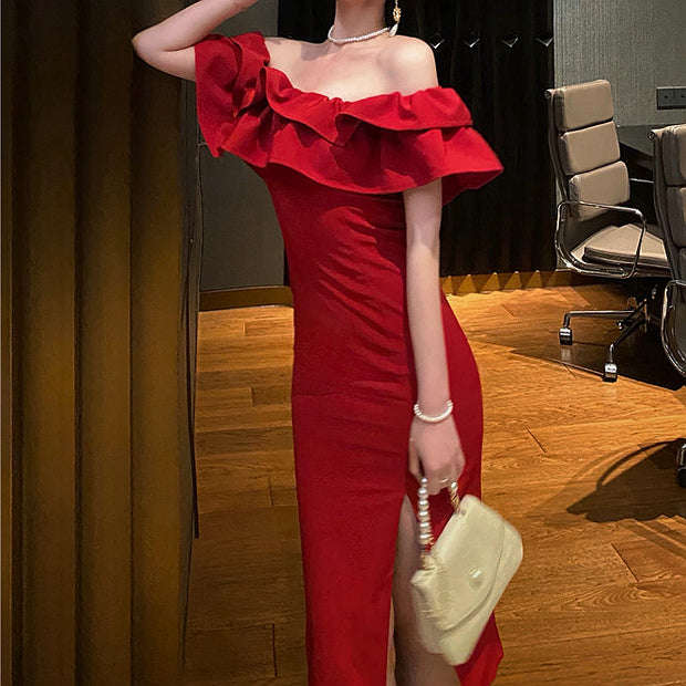 Nipped-waist ruffle off-the-shoulder slit prom dress