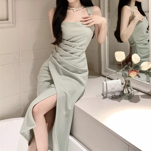 Square Neck Pleated Irregular Sleeveless Bodycon Dress
