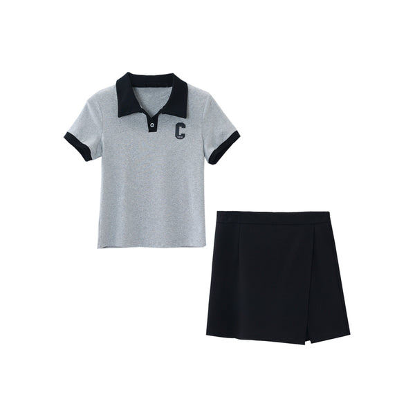Polo Collar Letter Short-Sleeved T-Shirt Slit Skirt Set