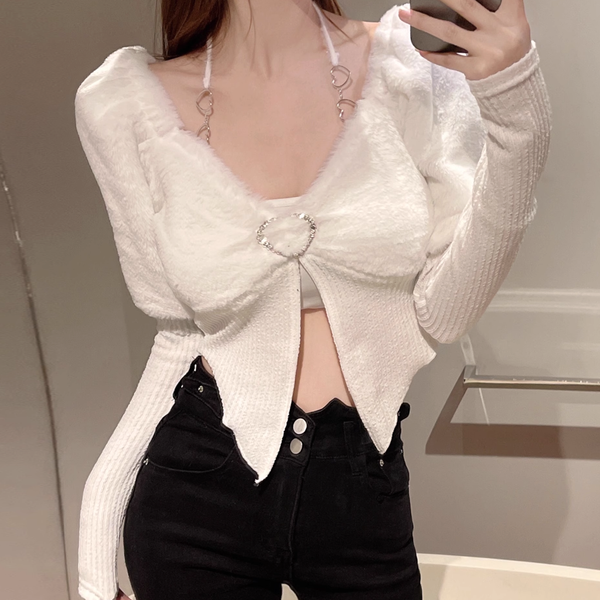 Plush Cropped Off-The-Shoulder Slim-Fit Knitted Top