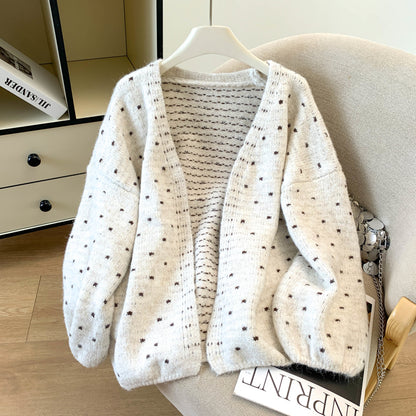 Loose-Fit Polka-Dot Knit Cardigan
