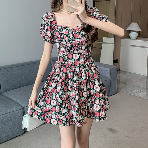 Square Neck Floral Puff Sleeve Short Dress