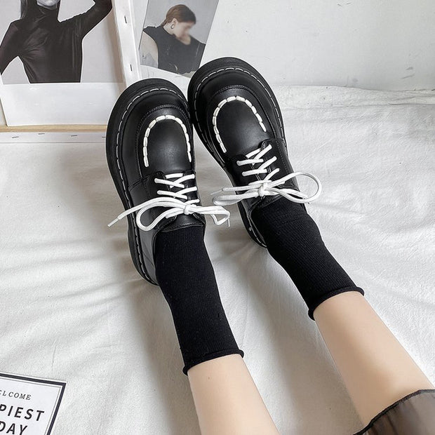 Thick heel non-slip lace-up black shoes