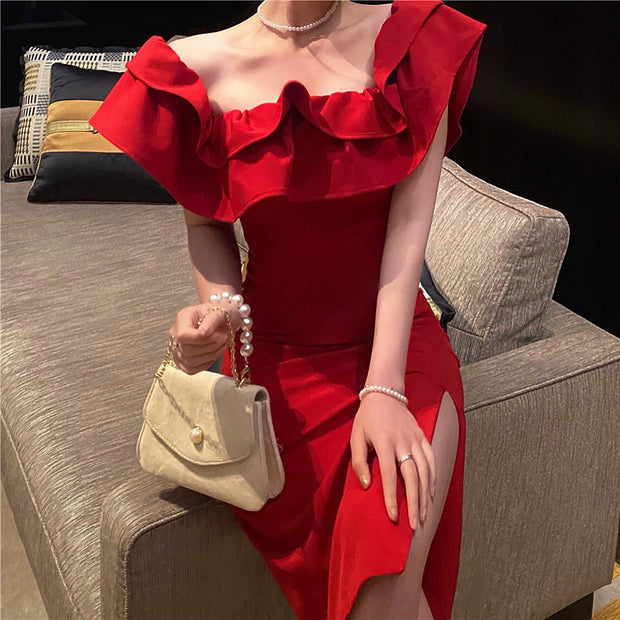 Nipped-waist ruffle off-the-shoulder slit prom dress