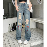 Straight-leg ripped loose high-rise jeans
