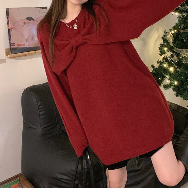 Red Bow Off-Shoulder Christmas Sweater Dress