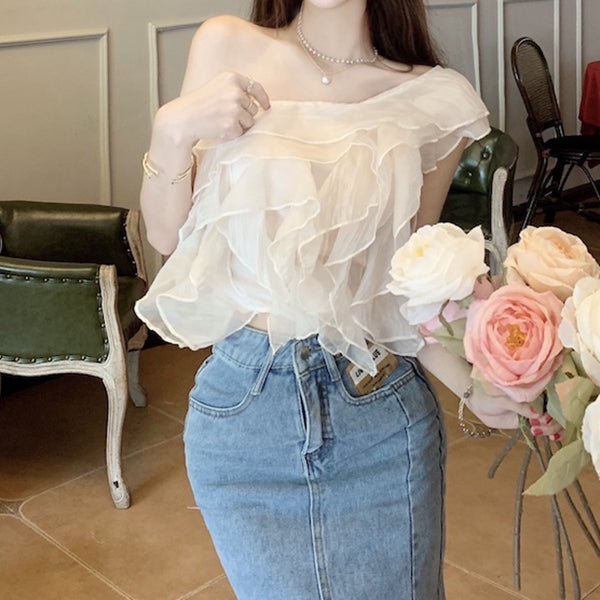 One-shoulder ruffled pearl chiffon shirt top
